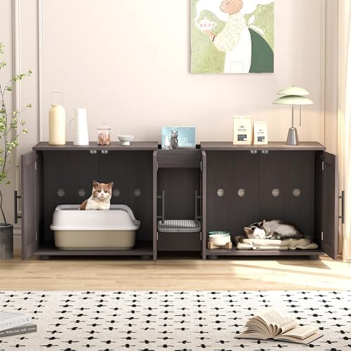 Garvee Cat Litter Box Enclosure for 2 Cats, 55" Hiddden Litter Box Enclosure Furniture 3-in-1 Wooden Litter Cabinet with Barn Door & Double Rooms for Bedroom Living Room,Walnut