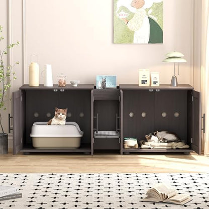 Garvee Cat Litter Box Enclosure for 2 Cats, 55" Hiddden Litter Box Enclosure Furniture 3-in-1 Wooden Litter Cabinet with Barn Door & Double Rooms for Bedroom Living Room,Walnut