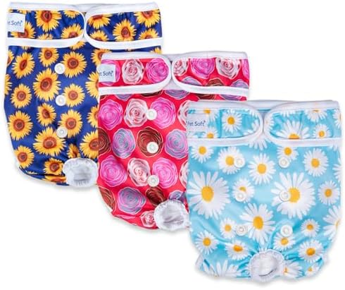 Pet Soft Female Dog Diapers, 3 Pack Washable Dog Diapers for Dogs in Heat Reusable Dogs Period Panties, Puppy Diapers Female (Flower, XS)