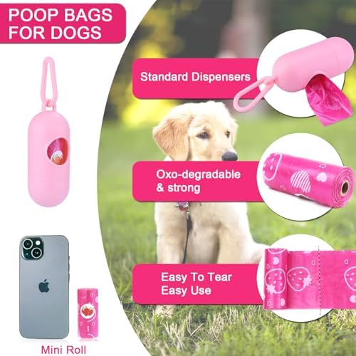 300 Count Leak Proof Pink Scented Dog Poop Bags Rolls with Dispenser
