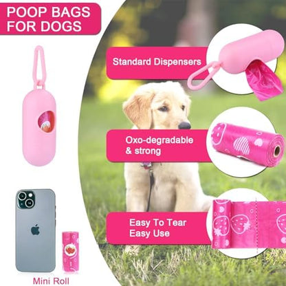 300 Count Leak Proof Pink Scented Dog Poop Bags Rolls with Dispenser