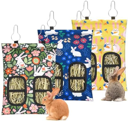 3 Pcs Rabbit Hay Feeder, 2-Hole Hanging Guinea Pig Hay Bags Washable Bunny Hay Bag for Rabbits, Chinchillas, Hamsters, Small Pets and Animals (11.8"×8.7")