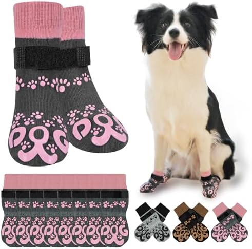 8Pcs Anti Slip Dogs Socks - Double Side Dog Booties for Hot Pavement, Summer Dogs Shoes, No Twist Dog Socks for Outside, Dark Grey and Pink, L
