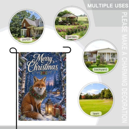 Merry Christmas House Flag 28x40 Inch Red Fox Pine Wreath Lantern Gift Snowy Birch Forest Rustic Winter Outdoor Yard Lawn Front Porch Welcome Double Sided Banner Decor