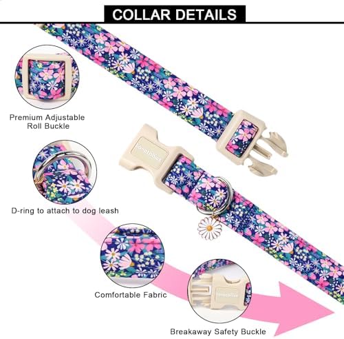 Lionet Paws Floral Dog Collar- Cute Spring Wildflowers Daisy Fleabane Dog Collars with Plastic Buckle,Light Adjustable Dog Collars for Small Dogs