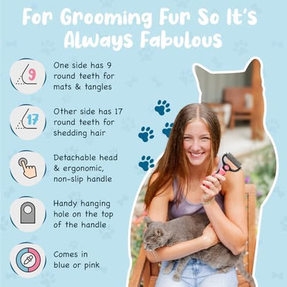 Sinko Shedding Brush For Dog and Cat, Undercoat Rake with Extra Wide Double-Sided Stainless Teeth for Detangling, Deshedding, Brushing & Removing Shed Fur, Knots, Mats, and Tangles in Pets (Pink)