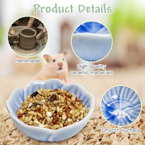 BNOSDM 2 Pcs Hamster Ceramic Food Bowl Flower Series Gerbil Drinking Bowls Anti-Turning Food & Water Dish for Dwarf Syrian Hamsters Gerbil Chinchilla（Blue, Narcissus Pattern）