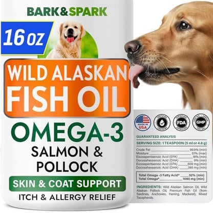 Omega 3 Fish Oil Liquid Supplement for Dogs - Wild Alaskan Salmon Oil