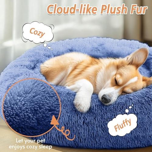 JOLLYVOGUE Calming Small Dog & Cat Bed for Indoor Cats - 20 inches Washable Donut Bed for Kittens & Puppies, Anti-Anxiety Round Fluffy Plush Pet Beds (Fits up to 15 lbs, Navy Blue)