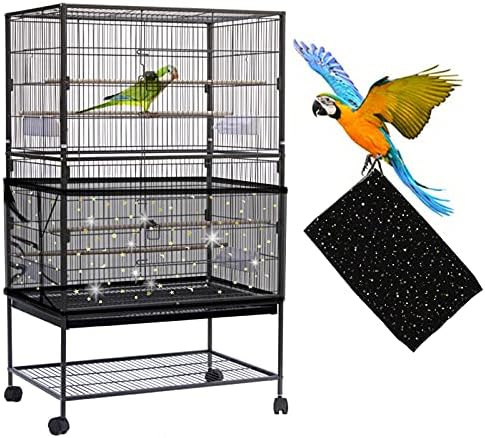 Daoeny Large Bird Cage Cover, Bird Cage Seed Catcher, Adjustable Soft Nylon Mesh Net with Twinkle Moon Star, Birdcage Cover Skirt Seed Guard for Parrot Parakeet Macaw Round Square Cages (Black)