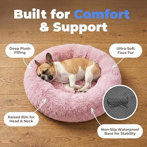 Best Pet Supplies Round Calming Dog Bed for Small, Medium & Large Dogs, Plush Donut Cuddler Pet Bed w/Raised Rim for Head, Neck Support, Anti-Slip Bottom Washable Bed - Pink, 27 x 27 x 7.5