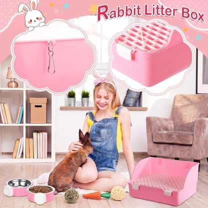 Reallnaive 15 Pcs Rabbit Starter Kit Small Rabbit Litter Box Girls Gift Animal Grooming Kit Bunny Toys Bowl Blankets with Cleaning Set for Guinea Pig Accessories(Light Pink)
