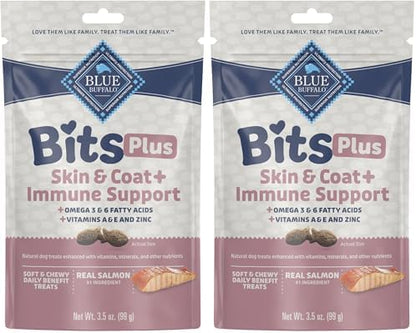 Blue Buffalo Blue Bits Plus Skin & Coat and Immune Support Daily Benefit Dog Treats, Soft & Chewy Salmon Morsels, 3.5-oz. Bag (Pack of 2)