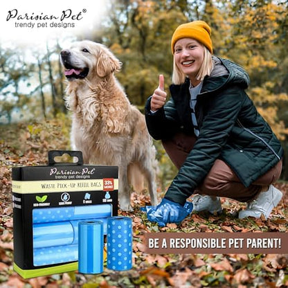 Parisian Pet Ecofriendly Dog Poop Bags Rolls - 160 Count Unscented Poop Bags For Dogs - Leakproof, Extra Thick, 8 Dog Waste Bags Refill Rolls - Stripes Dots Blue Doggie Poop Bags