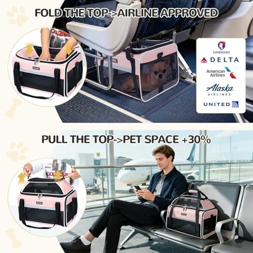 Lekereise Top-Expandable Pet Carrier 17x11x9.5 Inch Alaska Hawaiian Airline Approved Soft Sided Underseat to 12lbs Travel Carriers for Small Dogs and Cats with Locking Safety Zippers Anti-Scratch Mesh