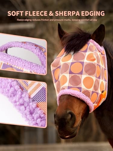 Tackmore Horse Fly Mask Without Ears, Breathable Structured Mesh for Horses, Soft Fleece Edging, UV Protection, Printed Turnout Mask for Pasture-Orange Circles S