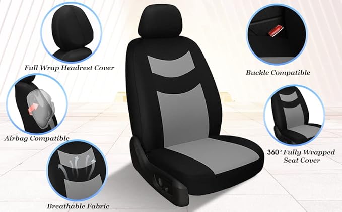 Universal Car Seat Covers for Front Seats, Cloth Front Car Seat Cover, Easy to Install, Breathable and Washable Universal Interior Covers for Auto, SUV, Sedan, Van, Airbag Compatible, Black & Grey