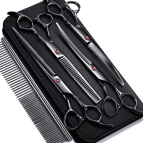 Gimars 7.0in Professional 4CR Stainless Steel Safety Round Tip 6 in 1 Dog Grooming Scissors Heavy Duty Titanium Coated Pet Grooming Scissor for Dogs, Cats and Other Animals