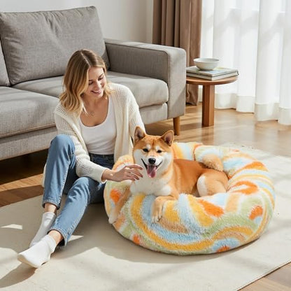 Calming Soft Round Dog & Cat Bed, Donut Cuddler Warming Cozy Fluffy Plush Cushion Beds for Small Medium Sized Dog and Cat
