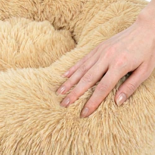 Calming Donut Dog Bed – Faux Fur Anti-Anxiety Pet Bed with Removable Washable Cover & Water-Resistant Liner – Plush Fluffy Round Nest, Non-Slip Bottom for Dogs & Cats – Large, Beige