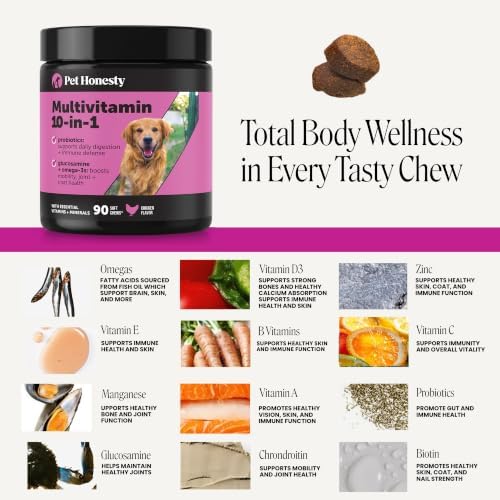 10-in-1 Dog Multivitamin Supplement with Glucosamine & Probiotics - Hip & Joint Support, Digestive Health, Immune Support, Heart & Skin - All-in-One Daily Vitamins & Omega-3s for Dogs, Chicken, 90 Ct