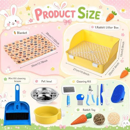 Reallnaive 15 Pcs Rabbit Starter Kit Small Rabbit Litter Box Girls Gift Animal Grooming Kit Bunny Toys Bowl Blankets with Cleaning Set for Guinea Pig Accessories(Yellow)