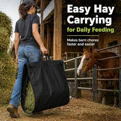 Hay Handler Bags Black Large Hay Feeder Flake Carrier for Horses Heavy Duty Nylon Holds 2 to 3 Flake Reinforced Handles Barn Stable Pasture Feeding Goats Livestock for Stable Feeding Farm