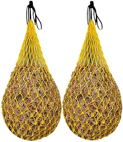 Majestic Ally 2 pcs Slow Feed 42” Hay Net for Horses, Strong Small 2x2” Holes, Nylon Rope Hanging, Adjustable Travel Feeder for Trailer and Stall, Simulates Grazing, Reduce Waste