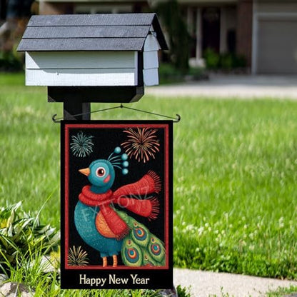 Happy New Year Garden Flag 12x18 Double Sided Vertical Linen Small Fireworks Peacock House Flag Welcome Holiday Winter House Outdoor Outside Decorations (27185)