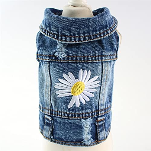 Pawstrip Dog Denim Jacket with Embroidered Daisy, Ripped Vintage Jean Vest for Small Dogs, Puppy, Pugs, Chihuahuas, Spring Summer Fall Festival Outfit, Small (Fits Chest 11-12")