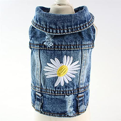 Pawstrip Dog Denim Jacket with Embroidered Daisy, Ripped Vintage Jean Vest for Small Dogs, Pugs, Chihuahuas, Spring Summer Fall Festival Outfit, X-Large (Fits Chest 17-18")