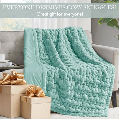Madison Park Ruched Fur Throw Faux Fur Blanket for Sofa, 50" x 60", Aqua