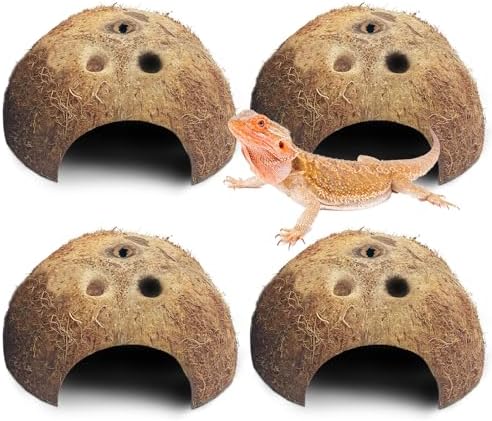 PINVNBY Natural Coconut Reptile Hideouts Lizard, Coco Hut Hermit Crab Hut Aquarium Fish Hide Cave for Small Reptile Crested Gecko Leopard Gecko Spider Snail Climber Toys (4 PCS Natural Surface)