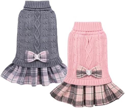 YUDODO 2 Pack Small Dog Sweater Dress with Bowtie Turtleneck - Pet Clothes
