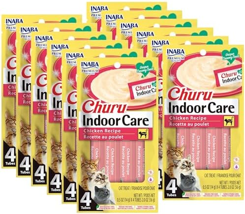 INABA Churu for Cats, Functional, Creamy Lickable Purée Cat Treat for Indoor Care and Hairball Control with Taurine & Vitamin E, 0.5 Ounces Each, 48 Tubes (4 per Pack), Chicken Recipe