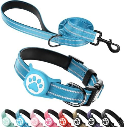 Airtag Dog Collar and Leash Set,Reflective Ultra-Durable Nylon Padded with QR Buckle & IP68 Waterproof Air Tag Holder Compatible for Apple AirTag, Comfortable for Small Medium Large Dogs (Blue Set,S)