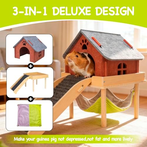 BESNEW 3 in 1 Enlarged Guinea Pig Hammock,Wooden Guinea Pig Hideout with House & Platform & Stairs Small Animal Toys for Hiding Sleeping Activities