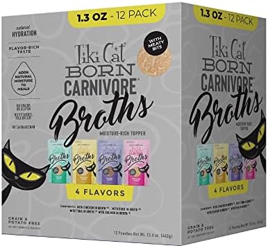 Tiki Cat Born Carnivore Broths Wet Cat Food Toppers, Variety Pack, 1.3 oz. Pouch (12 Count)