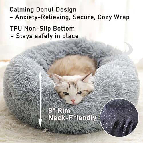 Calming Donut Dog Bed Medium Size Dog - Washable Removable Cover Non-Slip Bottom, Round Pet Bed Cat Bed Warming Fluffy Plush Faux Fur Anti-Anxiety, Fits up to 45 lbs (Light Grey, 30")
