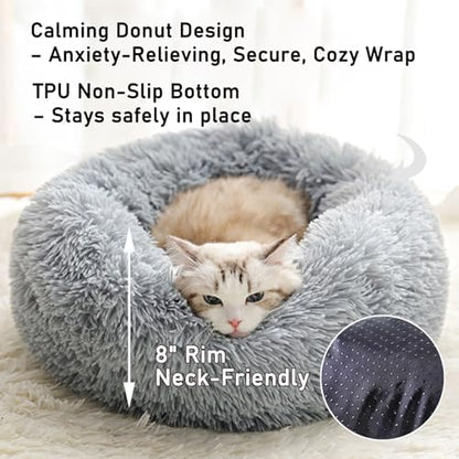Calming Donut Dog Beds for Small Dogs Cats - Washable Removable Cover Non-Slip Bottom, Round Pet Bed Puppy Bed Warming Fluffy Faux Fur Anti-Anxiety, Fits up to 25 lbs (Light Grey, 23")