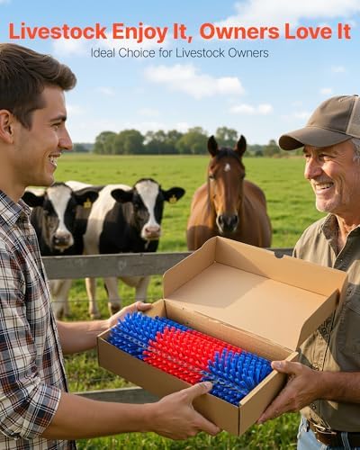 VEVOR Livestock Scratching Brush, 3PCS Goat Scratcher Brush Post with 12 Screws, 16.9" x 7.5" Cow Scratcher for Back Itch Relief, Massage Grooming Scratch Tool for Horse Cattle Sheep Pig, Blue & Red