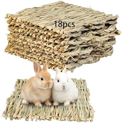 kathson 18PCS Rabbits Grass Mat Natural Woven Bunny Bedding Mats Chew Toy
