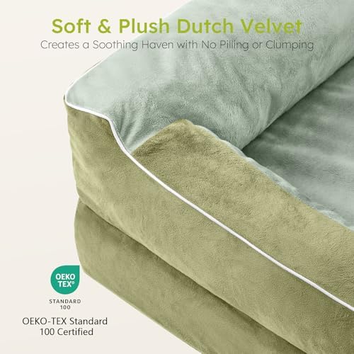 CWAWZ Dog Beds for Large Dogs, Orthopedic Dog Bed with Cooling Gel Memory Foam, Waterproof Large Pet Bed with Removable Washable Cover, 36" Pet Sofa Couch Dutch Velvet with Bone Toy, Dark Green