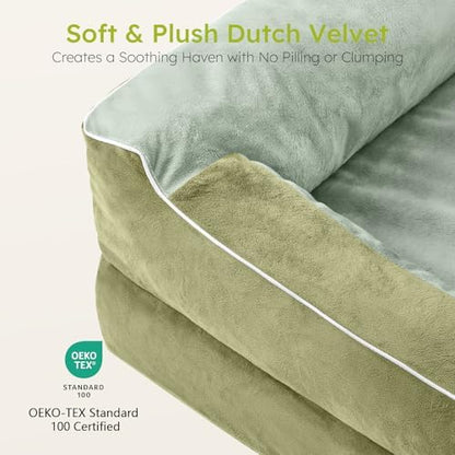 CWAWZ Dog Beds for Large Dogs, Orthopedic Dog Bed with Cooling Gel Memory Foam, Waterproof Large Pet Bed with Removable Washable Cover, 36" Pet Sofa Couch Dutch Velvet with Bone Toy, Dark Green