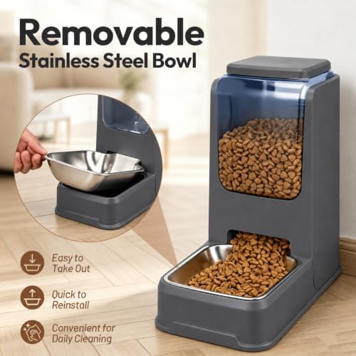 Automatic Cat Feeder and Water Dispenser Set with Stainless Steel Bowls, Gravity Dog Food and Waterer Large Capacity Pet Feeder for Small Medium Kitty Puppy, Gray