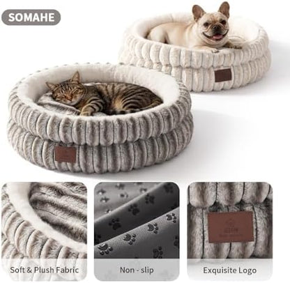 SOMAHE Cat Bed for Indoor Cats, Washable Round Plush, 20x20 Taupe Gray