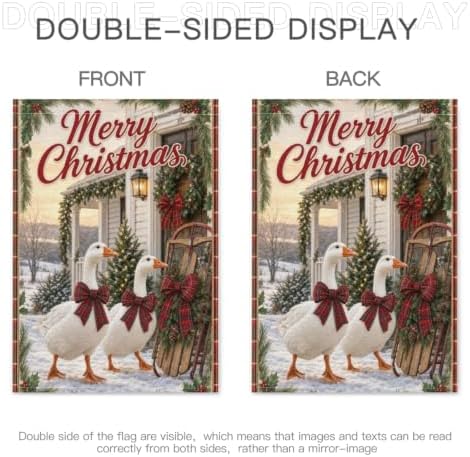Christmas Goose House Flag 28x40 Inch Merry Holiday White Geese Plaid Bows Sled Tree Snowy Rustic Farmhouse Outdoor Yard Lawn Porch Double Sided Banner Winter Welcome Decor