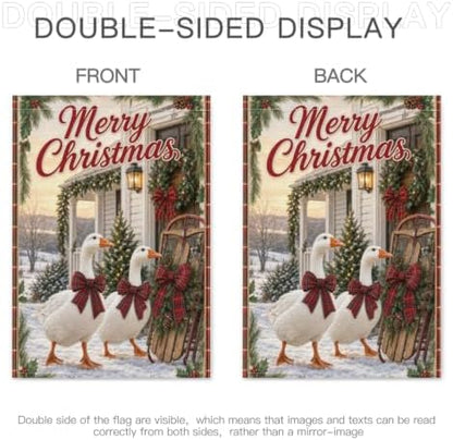 Christmas Goose House Flag 28x40 Inch Merry Holiday White Geese Plaid Bows Sled Tree Snowy Rustic Farmhouse Outdoor Yard Lawn Porch Double Sided Banner Winter Welcome Decor