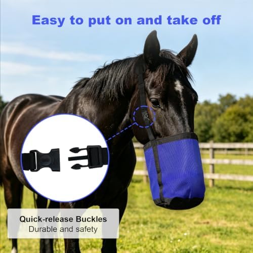 Horse Feed Bag for Grain, Breathable Muzzle Feed Bags for Horses, Universal Mesh Feedbag for Feeding Grain, Anti-Spill Design Feeder, Durable Nose Bag with Solid Bottom (Blue)