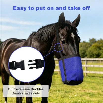 Horse Feed Bag for Grain, Breathable Muzzle Feed Bags for Horses, Universal Mesh Feedbag for Feeding Grain, Anti-Spill Design Feeder, Durable Nose Bag with Solid Bottom (Blue)